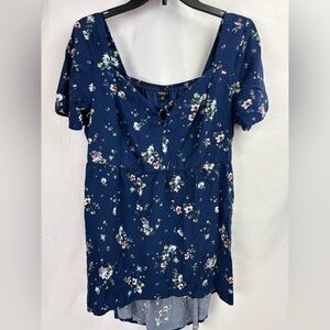 Torrid Blue Floral Hi Low Tunic Top Flutter Sleeve Coquette Lace Tie Size 0